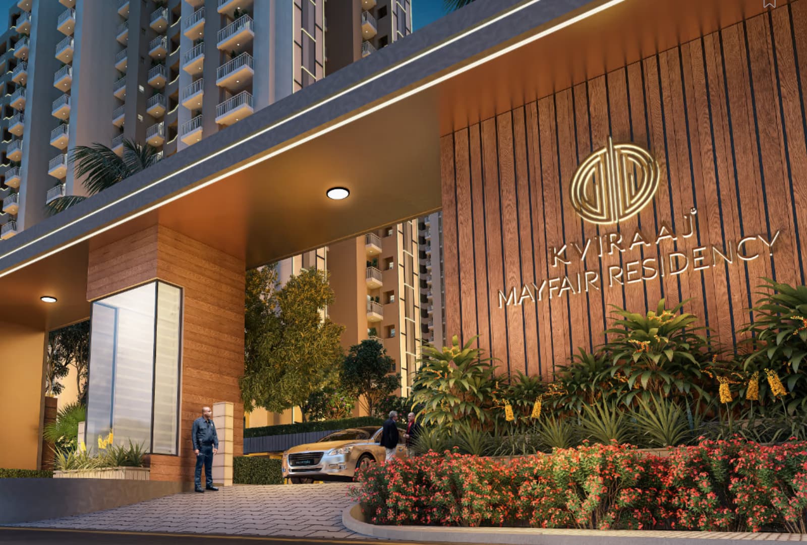 The Mayfair Residency arrival gateway lit at night, with the brand signage in gold