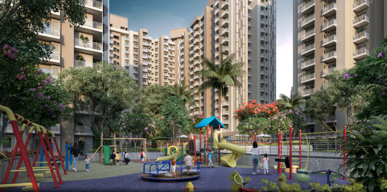 Children's play area with swings and slides between the Mayfair Residency towers
